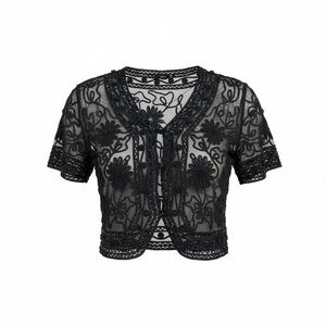 Vintage Black Sheer Embroidered Beaded Mesh Top Gothic Coquette Festival Blouse